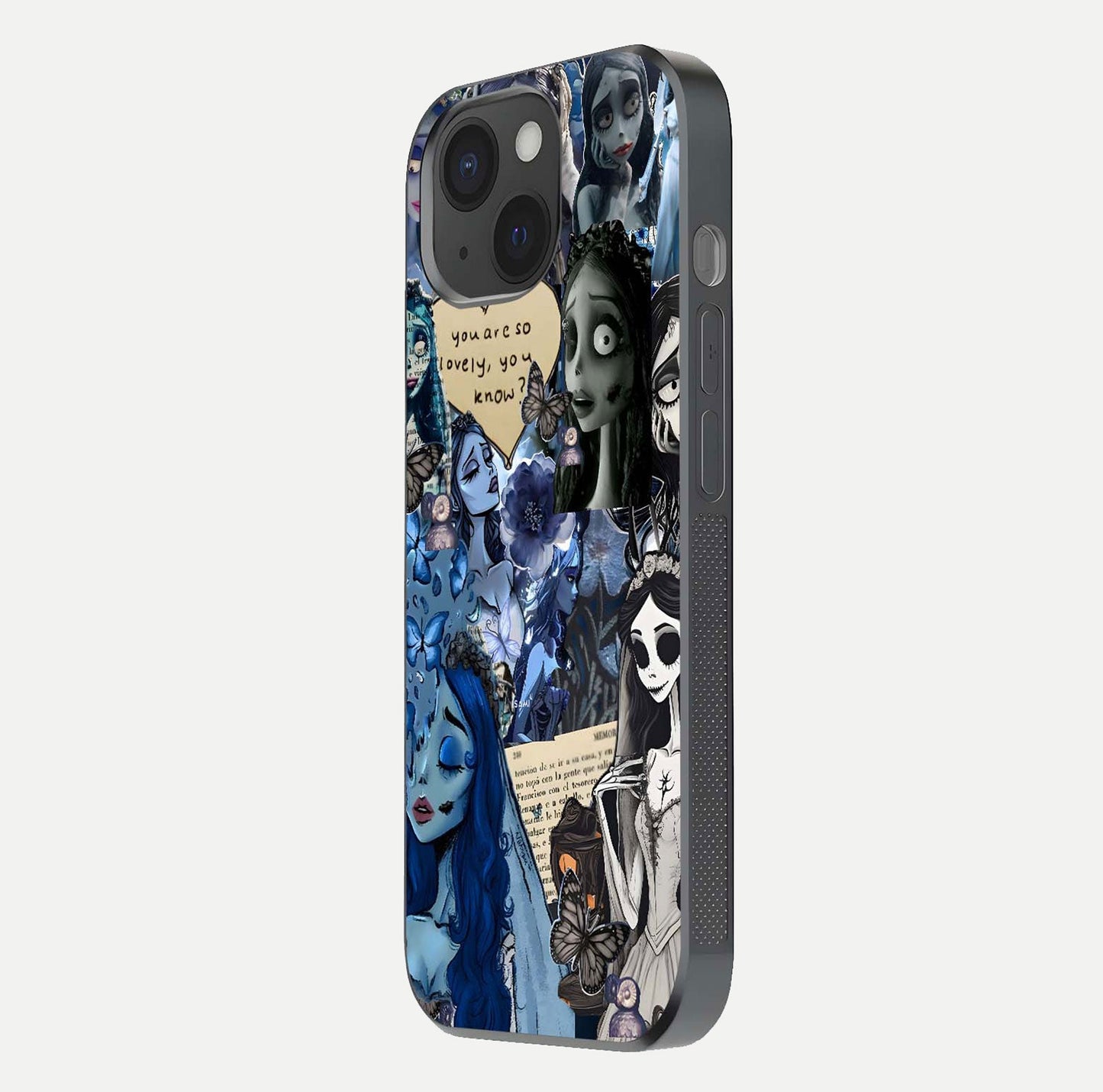 Corpse Bride Posters Glass Case for iPhone 15 side-angle image capturing gloss reflection and smooth edge