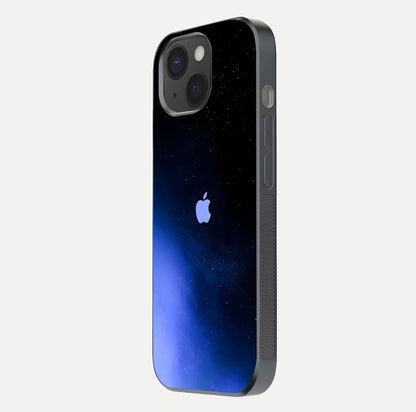 Cosmic Blue Apple Glass Case for iPhone 15 side-angle image showing curve polish and star detail