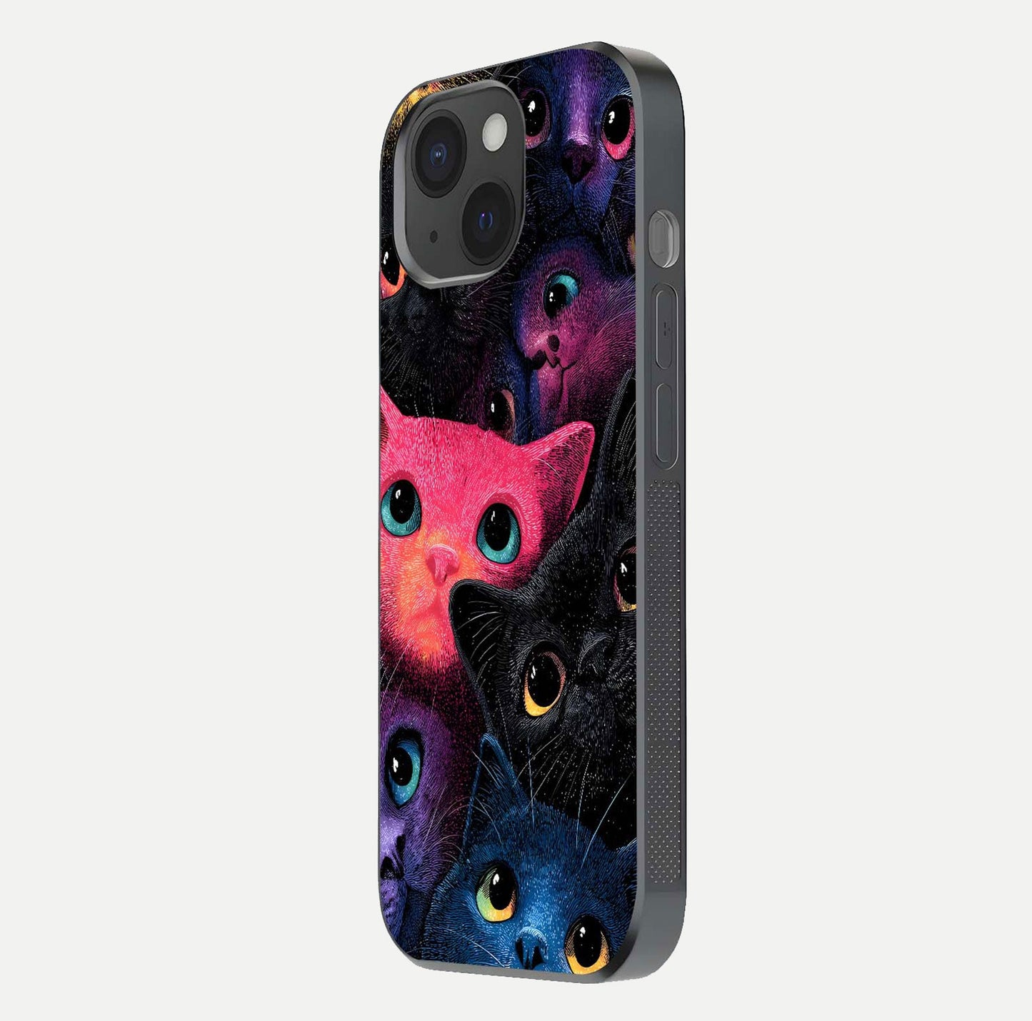 Cosmic Cats Dreams Glass Case for iPhone 15 side-angle photo showing edge gloss and color depth