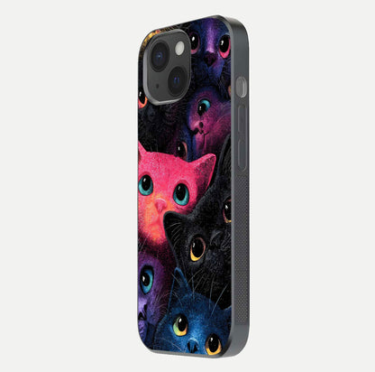 Cosmic Cats Dreams Glass Case for iPhone 15 side-angle photo showing edge gloss and color depth