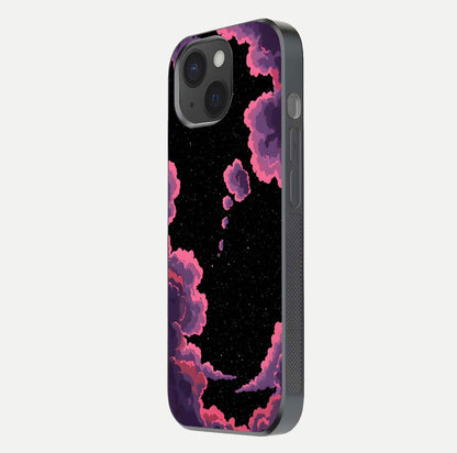 Cosmic Cloud Journey Glass Case for iPhone 15 side-angle photo showing glass reflection and smooth tone