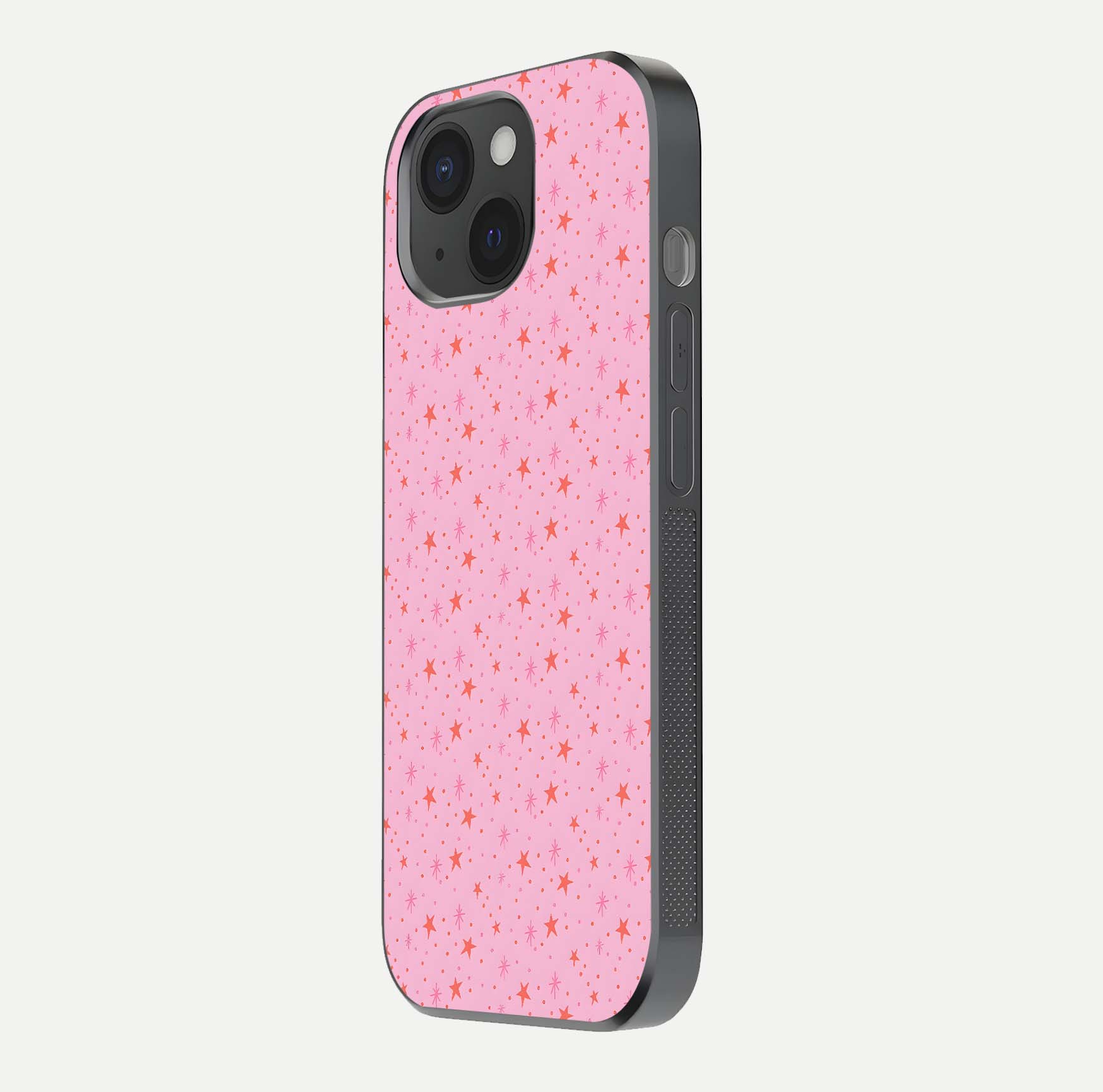 Cosmic Pink Sparkle iPhone 15  glass phone case side profile view focusing on sleek edges and seamless wrap