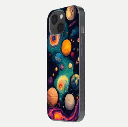 Cosmic Planet Journey Glass Case for iPhone 15 side-angle image capturing smooth gloss and reflective edges