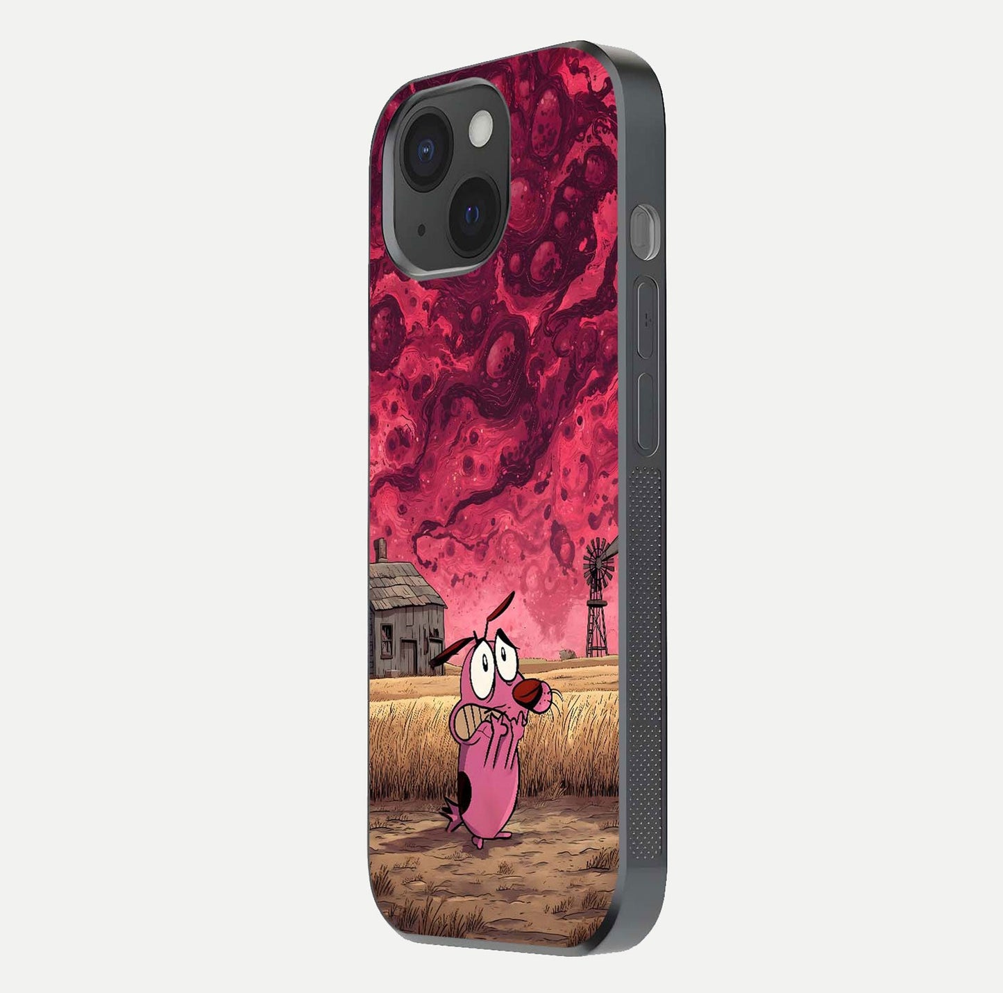 Courage Under Sky Glass Case for iPhone 15 side-angle photo showing gloss tone and curve highlight