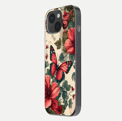 Crimson Butterfly Garden Glass Case for iPhone 15 side-angle photo capturing gloss texture and soft tone