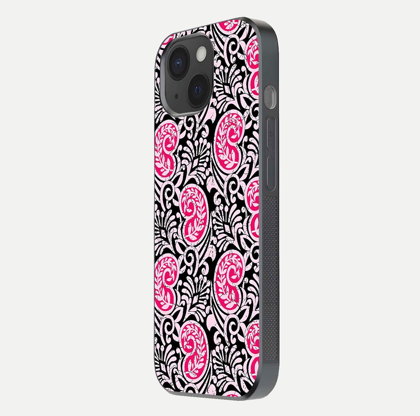 Crimson Paisley Charm Glass Case for iPhone 15 side-angle image showing reflection and smooth edges