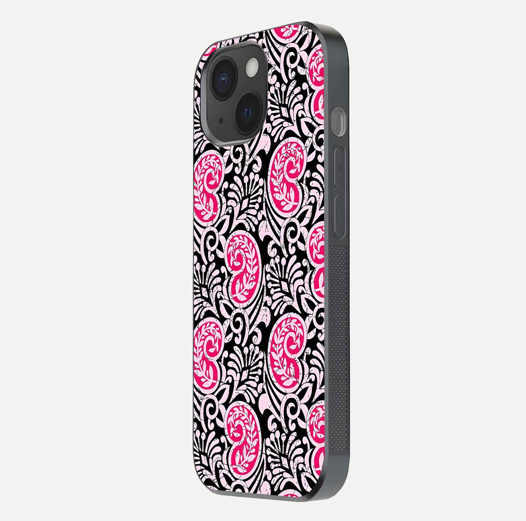Crimson Paisley Charm Glass Case for iPhone 15 side-angle image showing reflection and smooth edges