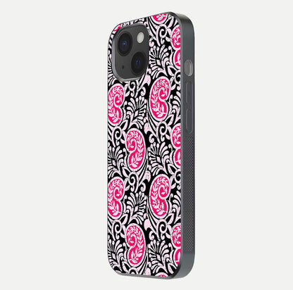 Crimson Paisley Charm Glass Case for iPhone 15 side-angle image showing reflection and smooth edges