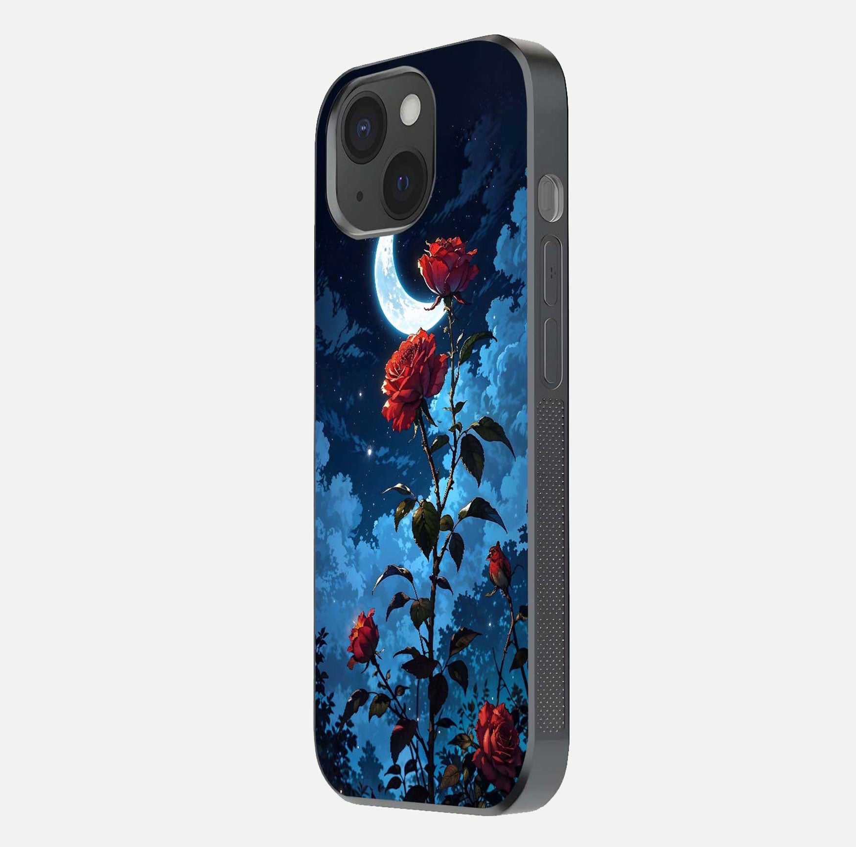 Crimson Rose Moon Glass Case for iPhone 15 side-angle photo showing reflective texture and smooth curve