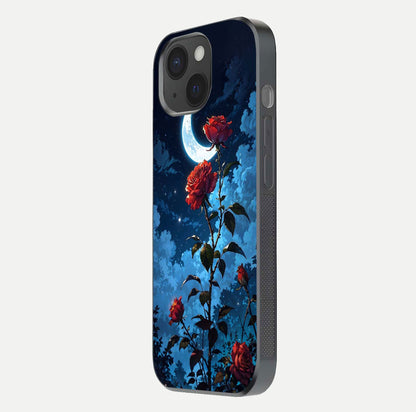 Crimson Rose Moon Glass Case for iPhone 15 side-angle photo showing reflective texture and smooth curve