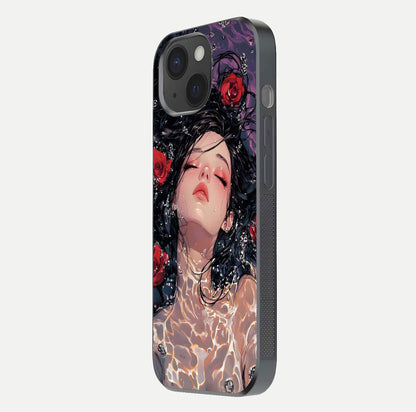 Crimson Rose Serenity Glass Case for iPhone 15 side-angle photo showing glass reflection and soft edges