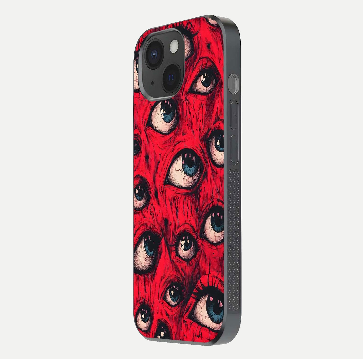 Crimson Watch Eyes Glass Case for iPhone 15 side-angle photo showing reflection texture and shine