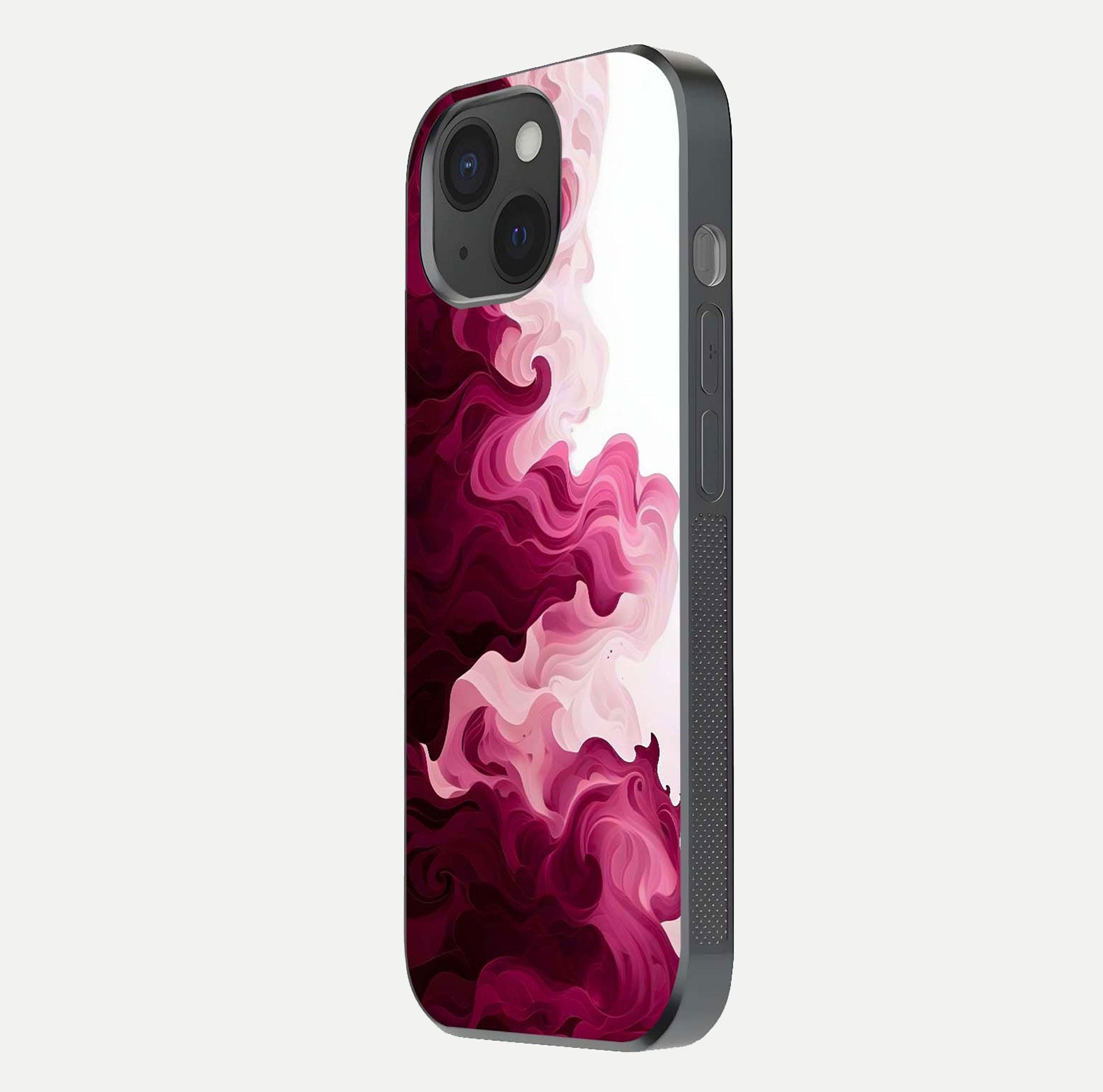 Crimson Wave Flow Glass Case for iPhone 15 side-angle photo showing reflection glow and HD finish