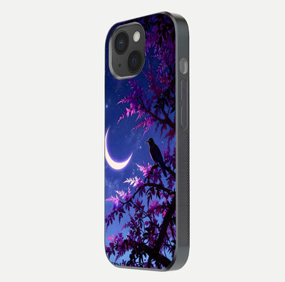 Crow & Moon Scenery Glass Case for iPhone 15 side-angle photo capturing glossy shine and artistic contrast