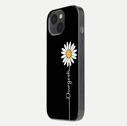 Custom Name White Flower Glass Case for iPhone 15 side-angle photo showing reflection shine and name clarity