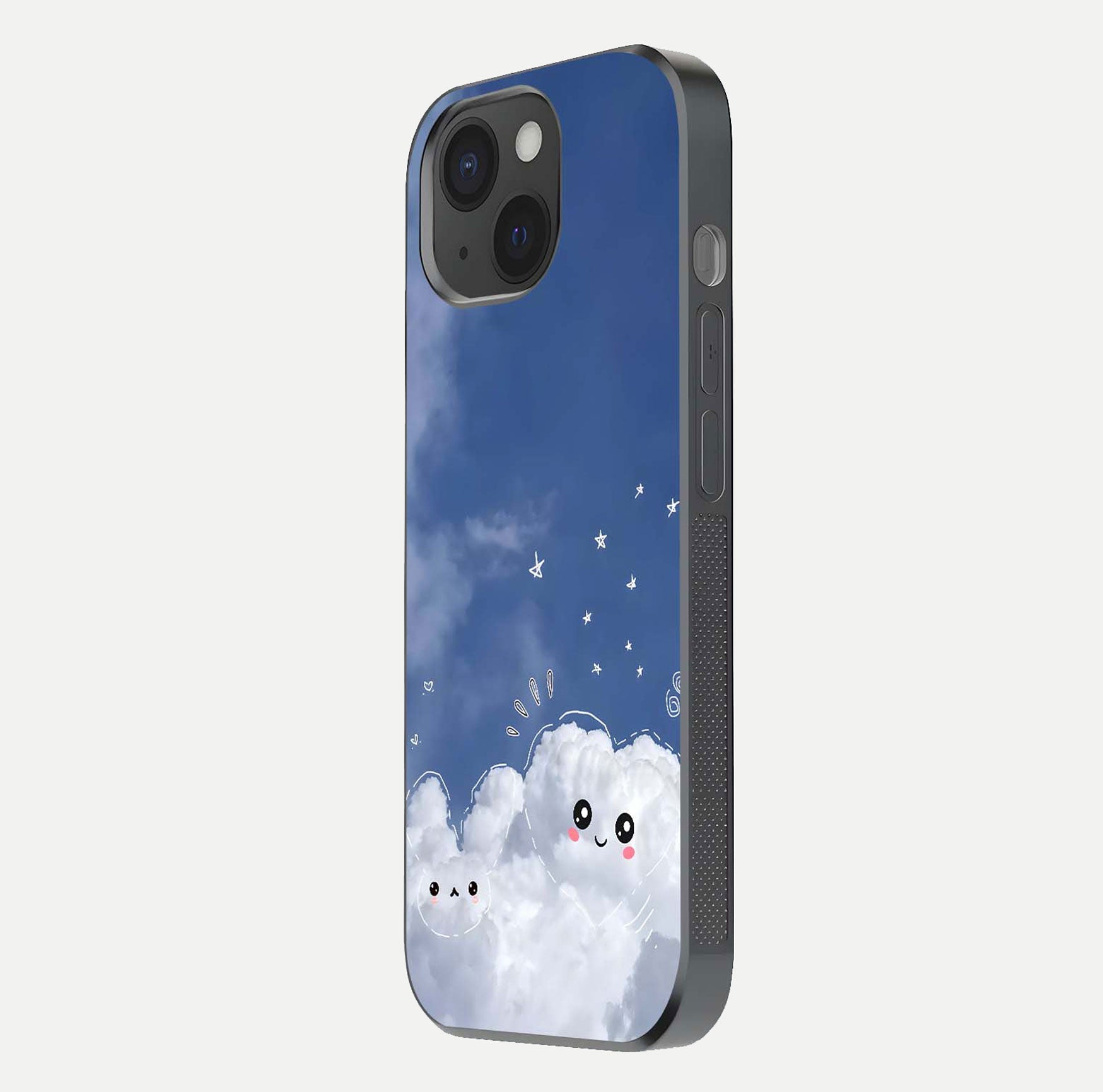 Cute Blossom Cloud Glass Case for iPhone 15 side-angle image capturing gloss texture and curve reflection