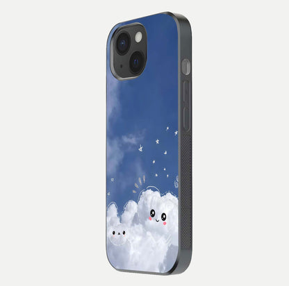 Cute Blossom Cloud Glass Case for iPhone 15 side-angle image capturing gloss texture and curve reflection