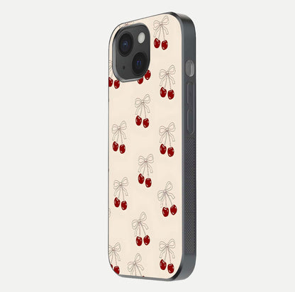 Cute Cherry Pattern Glass Case for iPhone 15 side-angle photo highlighting gloss curve and pattern clarity