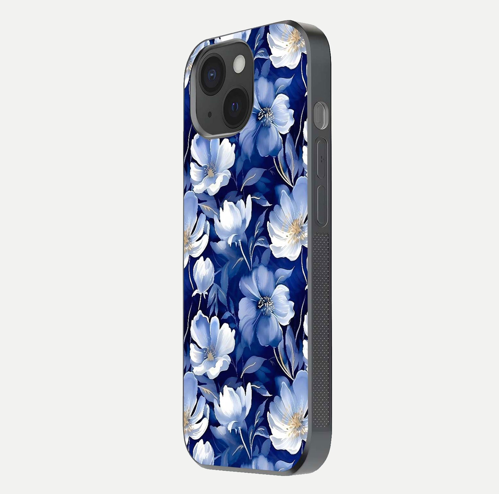 Cute Floral Patterns Glass Case for iPhone 15 side-angle image showing polished surface and gloss tone