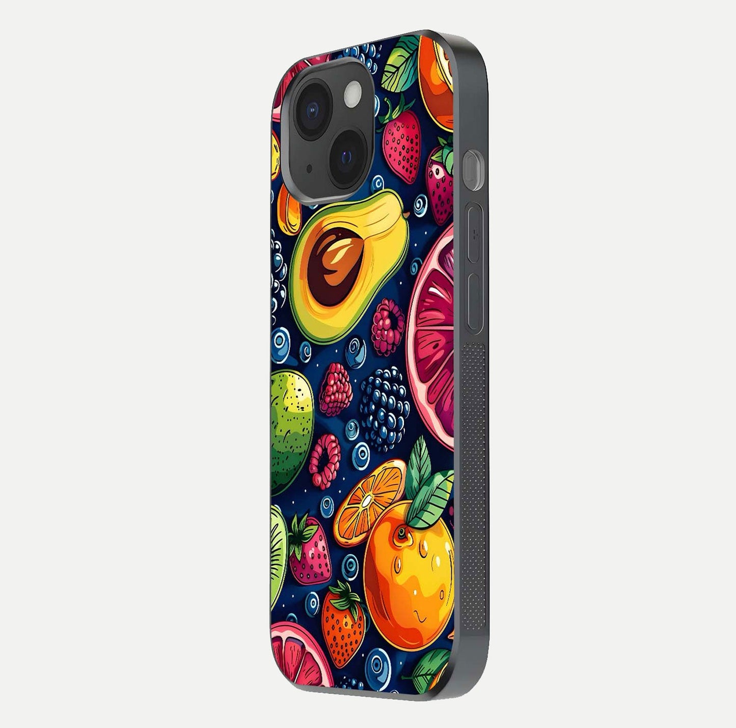 Cute Fruits Art Glass Case for iPhone 15 side-angle photo showing reflective finish and smooth edges