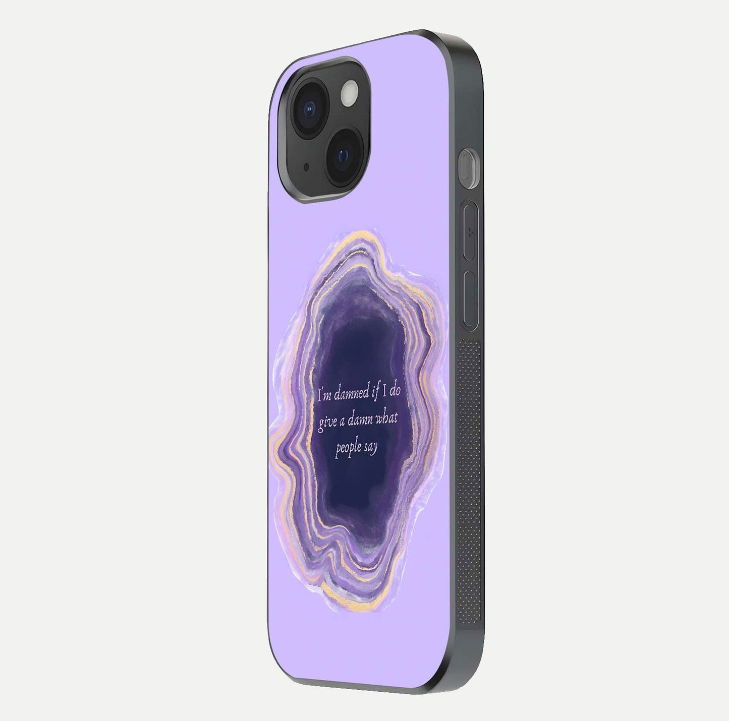 Damned People Quote Glass Case for iPhone 15 side-angle image showing light shine and smooth edges