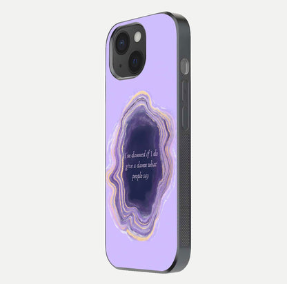 Damned People Quote Glass Case for iPhone 15 side-angle image showing light shine and smooth edges