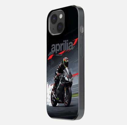 Dark Aprilla Glass Case for iPhone 15 side-angle photo showing reflection gloss and curved edge finish