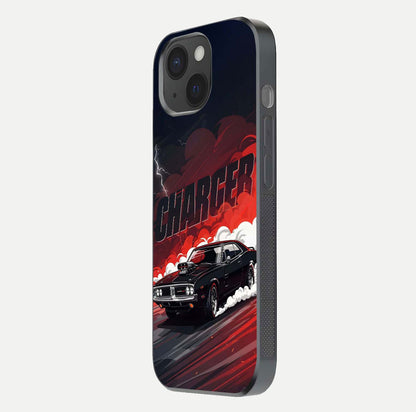 Dark Charger Fury Glass Case for iPhone 15 side-angle image showing edge gloss and bold tone