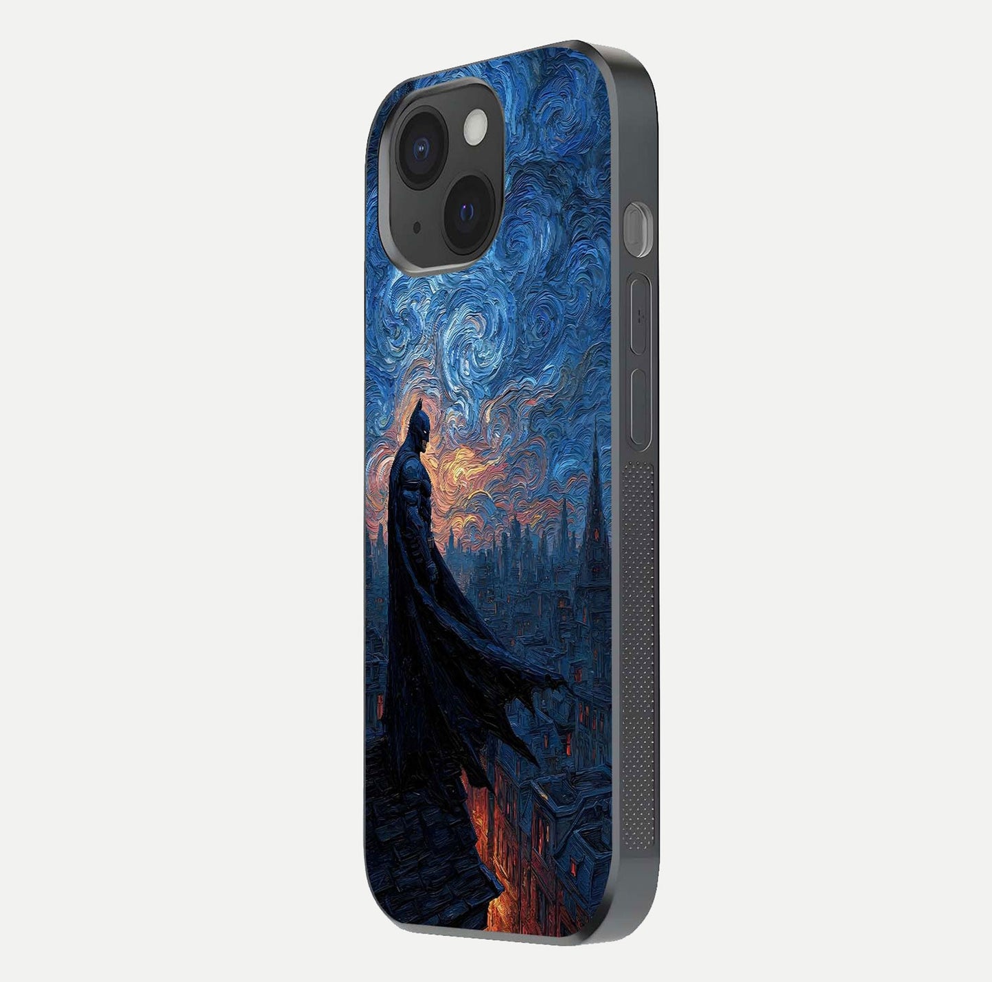 Dark Knight Dusk Glass Case for iPhone 15 side-angle image capturing reflection shine and bold contrast