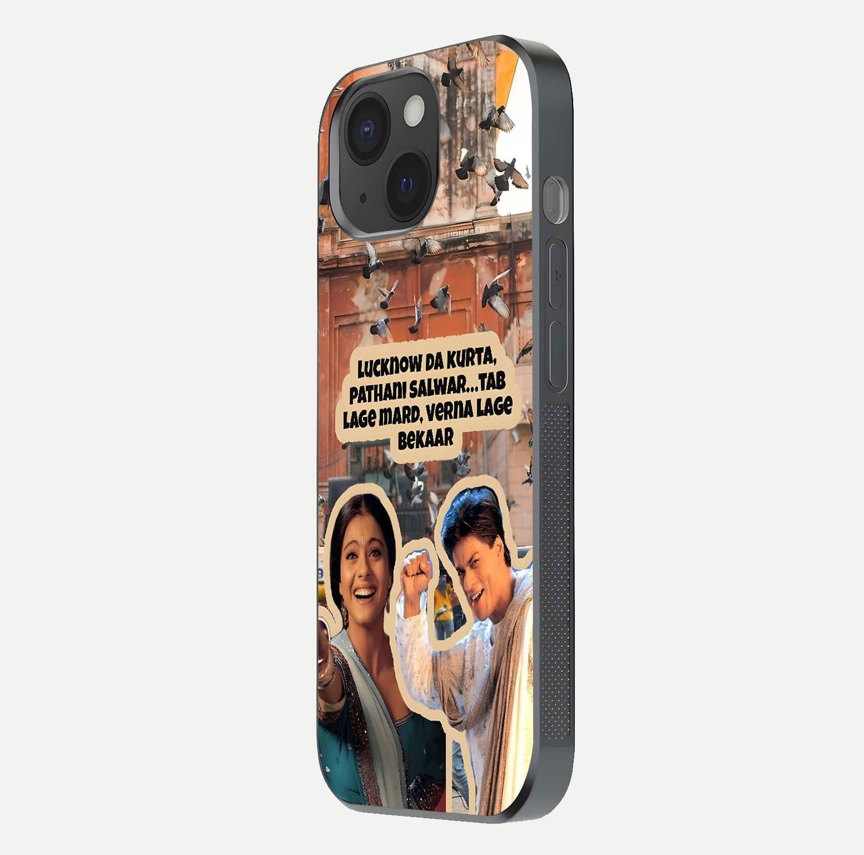 Desi Retro Vibes Glass Case for iPhone 15 side-angle image displaying gloss texture and bold pattern