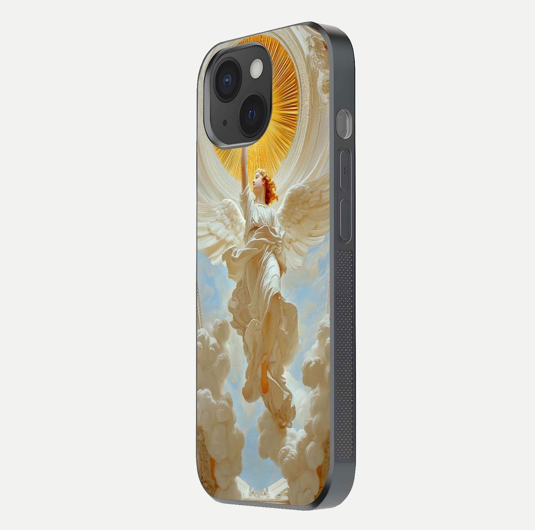 Divine Light Angel Glass Case for iPhone 15 side-angle image capturing reflection shine and edge finish