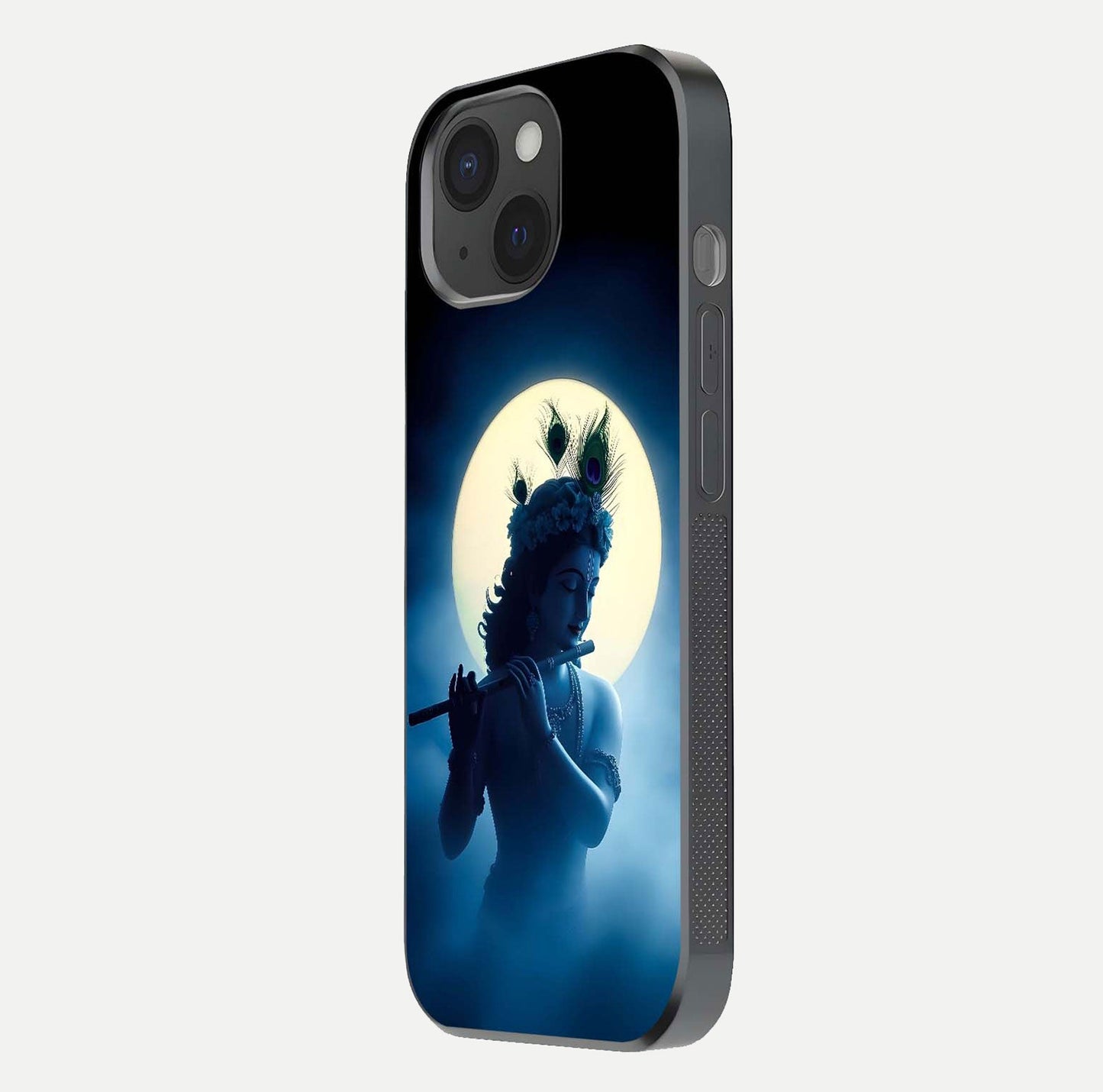 Divine Moon Flute Glass Case for iPhone 15 side-angle image capturing reflection depth and soft color