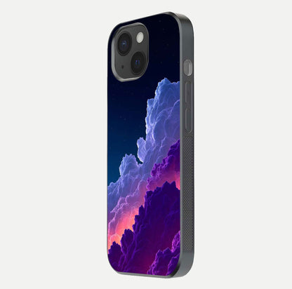 Dreamy Cloud Skies Glass Case for iPhone 15 side-angle image showing reflection clarity and polish