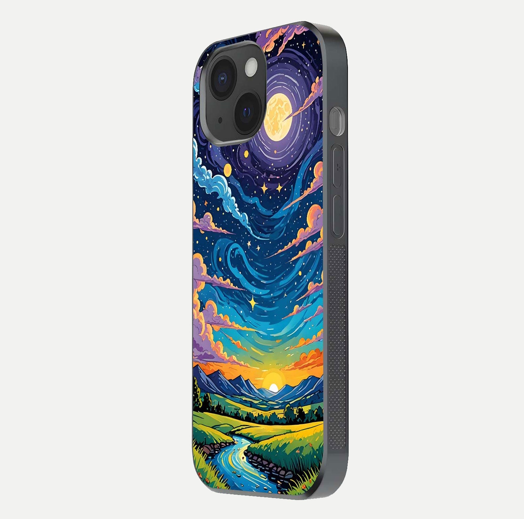 Dreamy Night Landscape Glass Case for iPhone 15 side-angle photo capturing reflection glow and edge detail