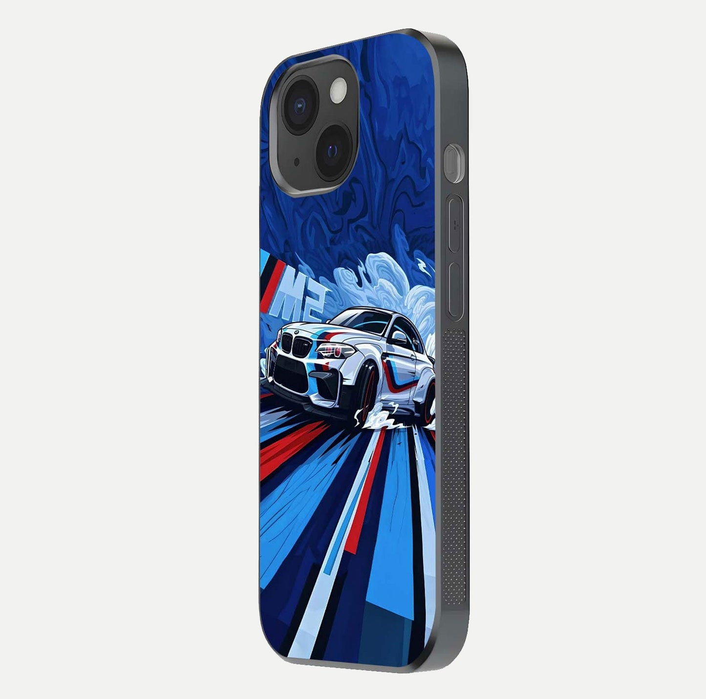 Drift Power Rush Glass Case for iPhone 15 side-angle image capturing reflection glow and smooth curve