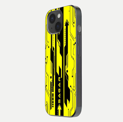 Electric Pulse CYBERPUNK Custom Name Glass Case for iPhone 15 side-angle image showing glossy reflection and edge illumination