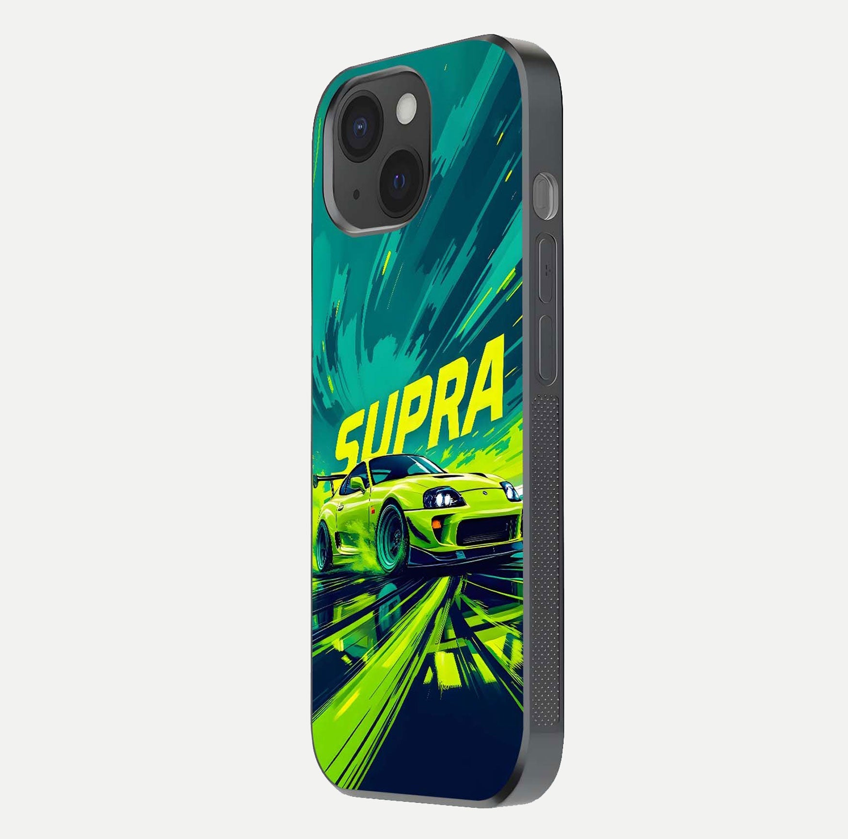 Electric Supra Thunder Glass Case for iPhone 15 side-angle photo showing sleek car outline and reflective shine