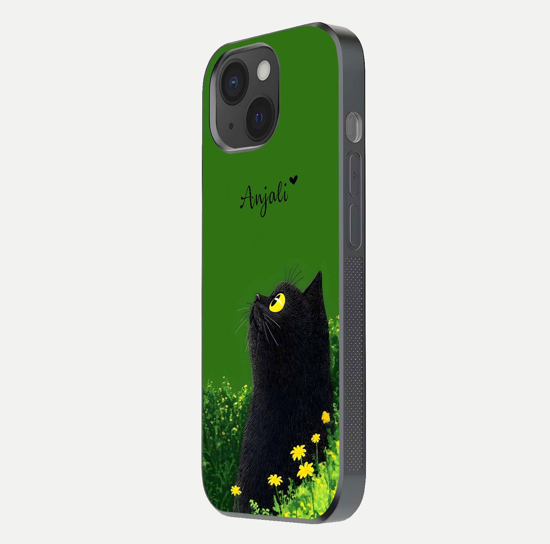 Emerald Cat Custom Name Glass Case for iPhone 15 side-angle photo showing name clarity and glass reflection