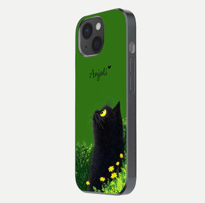Emerald Cat Custom Name Glass Case for iPhone 15 side-angle photo showing name clarity and glass reflection