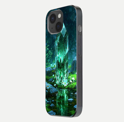 Emerald Light Crystal Glass Case for iPhone 15 side-angle image showing gloss reflection and curved border
