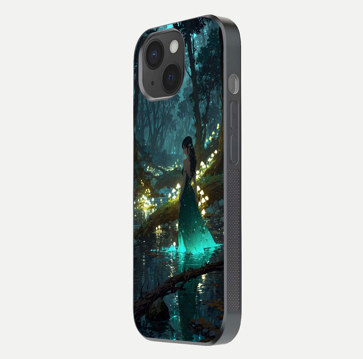 Enchanted Forest Glow Glass Case for iPhone 15 side-angle image capturing shine reflection and rich detail