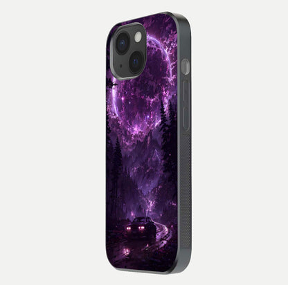 Eternal Cosmic Drive Glass Case for iPhone 15 side-angle image showing reflection texture and color contrast
