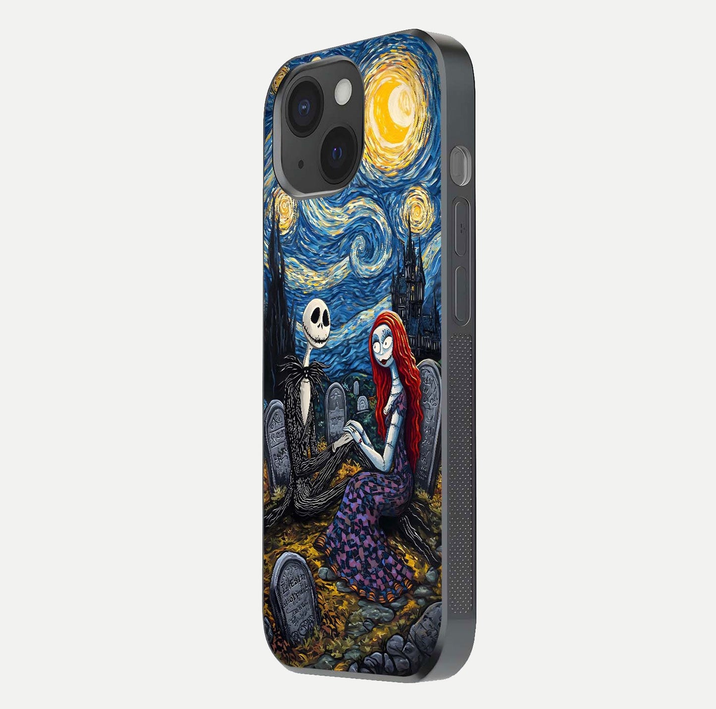 Eternal Night Love Glass Case for iPhone 15 side-angle photo showing edge shine and soft reflection
