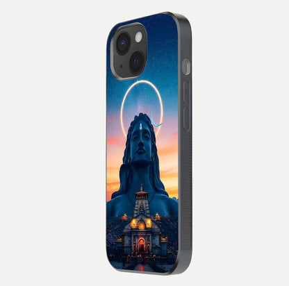 Eternal Shiva Aura Glass Case for iPhone 15 side-angle image showing reflection clarity and rich tone