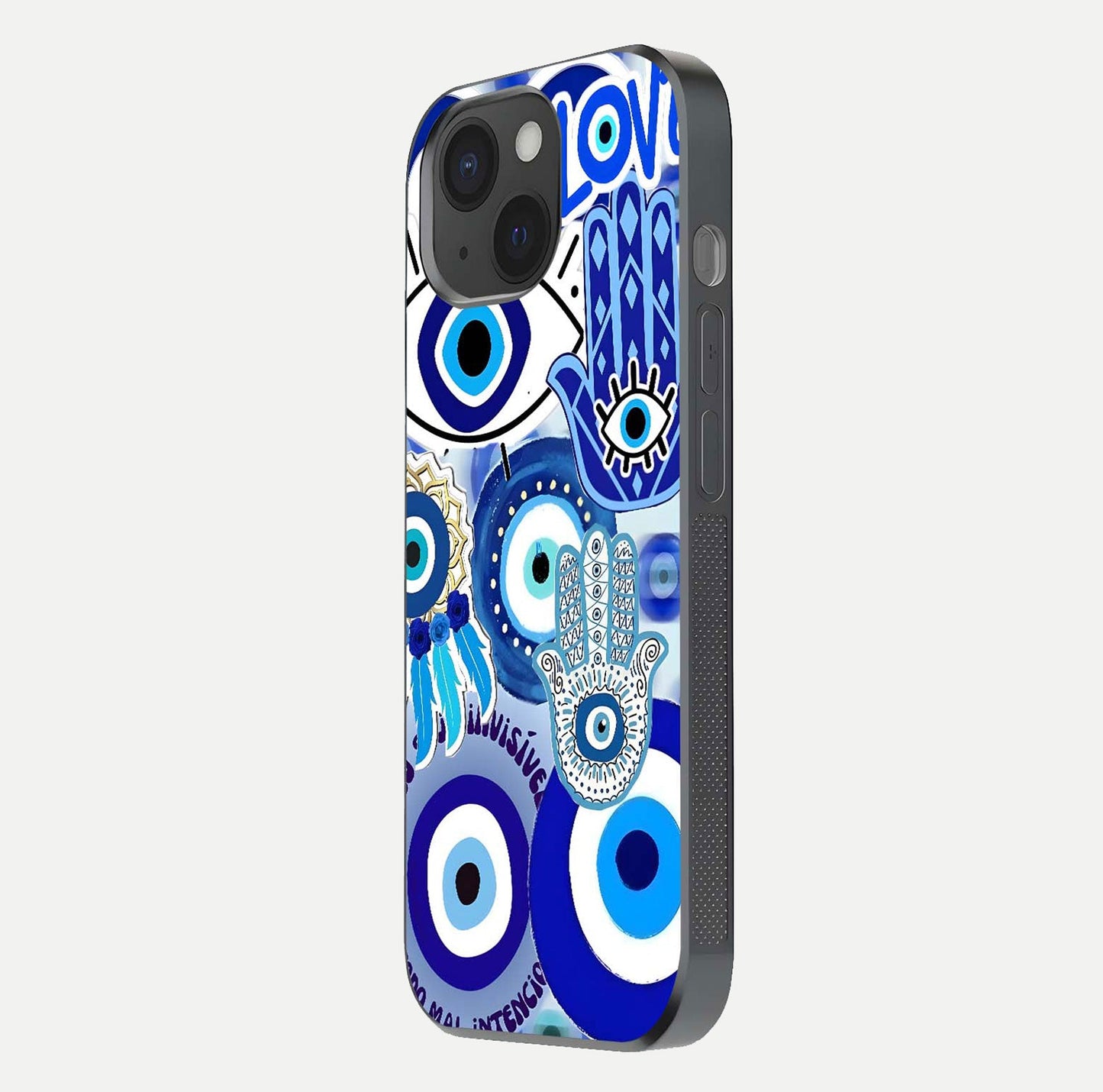 Evil Eyes Dream Glass Case for iPhone 15 side-angle photo capturing smooth edges and reflective texture