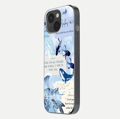 Faithful Ocean Promise Glass Case for iPhone 15 side-angle photo showing reflection glow and color clarity
