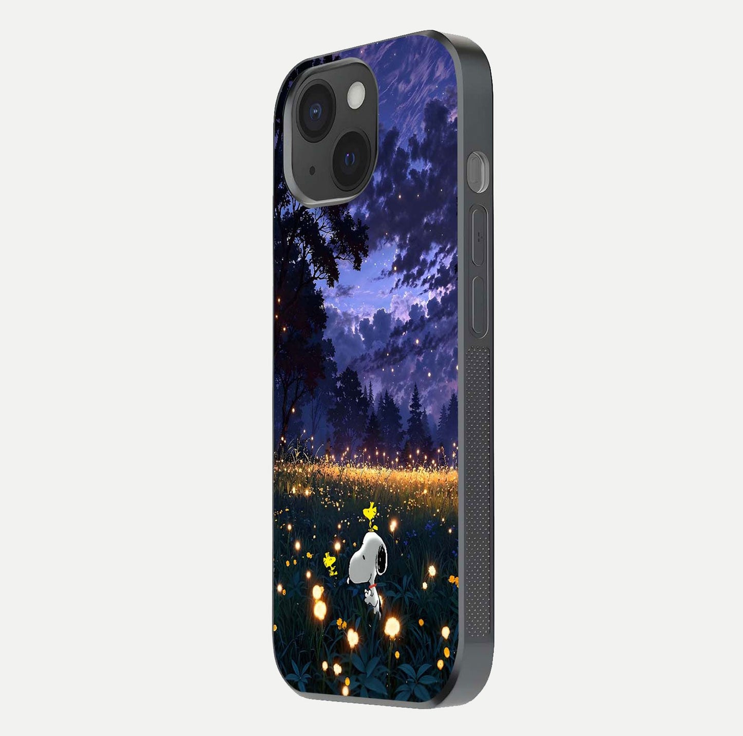 Firefly Meadow Magic Glass Case for iPhone 15 side-angle image capturing glow reflection and fine texture