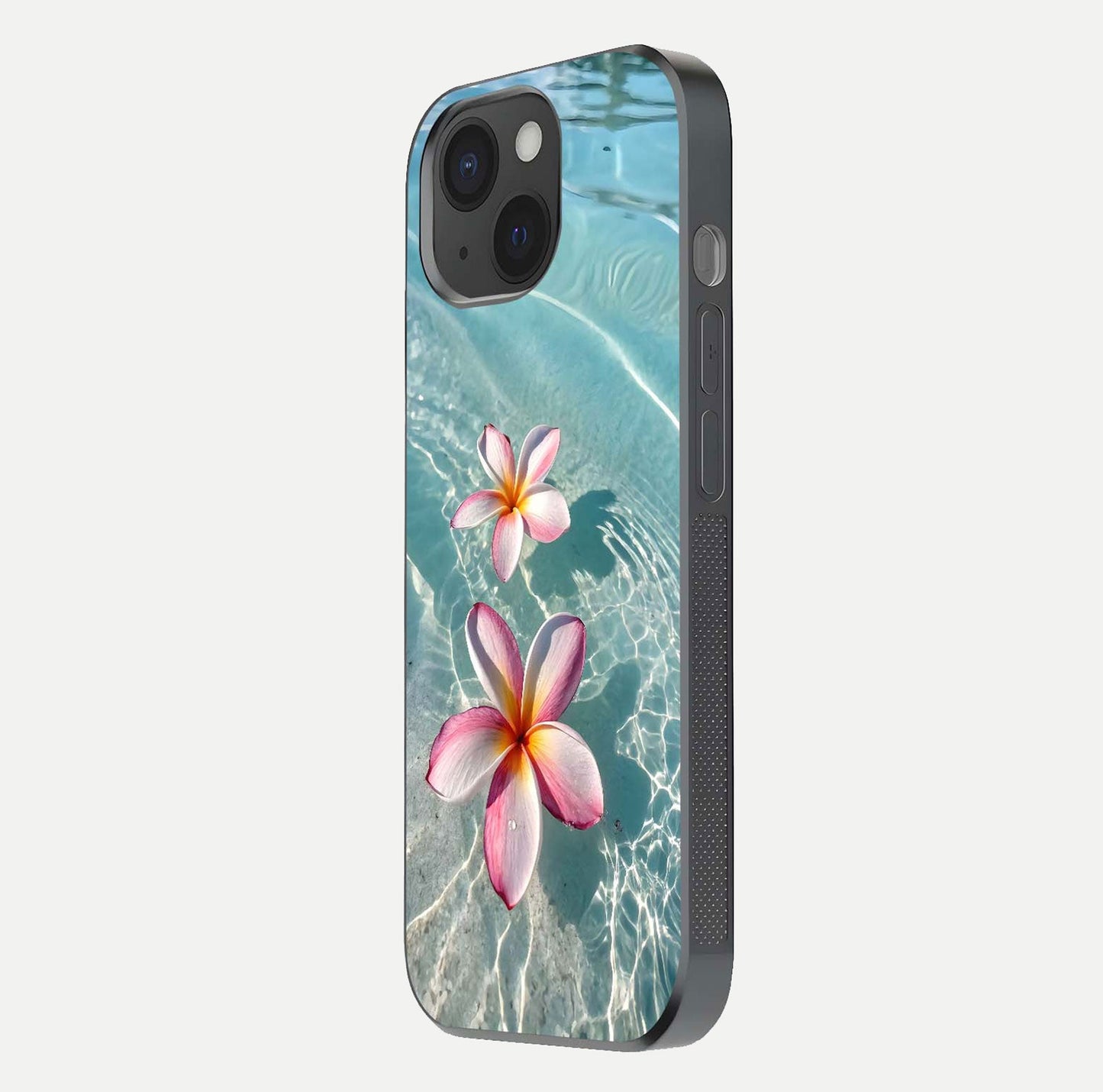 Floating Bloom Bliss Glass Case for iPhone 15 side-angle photo showing smooth reflection and elegant curve