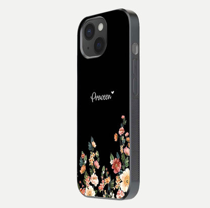 Floral Design Personalized Custom Name Glass Case for iPhone 15 side-angle image showing name alignment and gloss shine