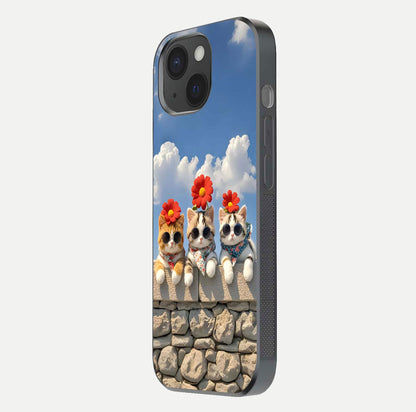 Floral Kitty Squad Glass Case for iPhone 15 side-angle photo showing reflection glow and polished surface